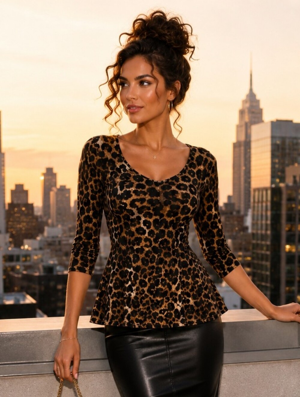 Diva Leopard Cheetah Print 3/4 Sleeve Flared Tunic Top Boho Y2K Glam Small